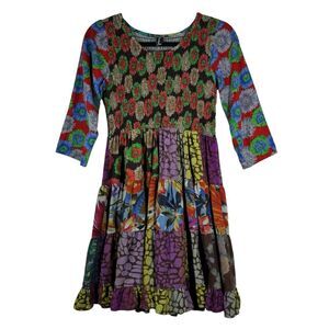 Sacred Threads Patchwork Dress A Line Boho Hippie Floral Babydoll Smocked L/XL